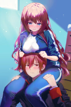 1boy 1girl a-chan_(little_busters!) absurdres awkward black_jacket blue_eyes blue_jacket blue_pants blush breast_rest breasts breasts_on_head brown_hair carrying clannad clenched_hands closed_mouth commentary_request company_connection embarrassed eyelashes feet_out_of_frame frown furrowed_brow gym_uniform hair_between_eyes hetero highres indoors jacket key_(company) large_breasts lips little_busters! little_busters!_school_uniform long_hair long_sleeves looking_at_another looking_at_viewer looking_down miiizuno_lbs natsume_kyousuke open_clothes open_jacket pants scene_reference school_uniform shirt short_hair shoulder_carry sidelighting sidelocks sleeves_rolled_up split_mouth straight_hair sweat sweatdrop track_jacket upper_body very_long_hair wavy_hair wavy_mouth white_shirt window