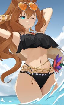 1girl animal_ears arms_behind_head bare_shoulders bikini black_bikini blue_eyes blue_sky breasts brown-tinted_eyewear brown_hair closed_mouth cloud eyewear_on_head flower green_eyes hair_between_eyes heart heart-shaped_eyewear highres horse_ears horse_girl jewelry large_breasts long_hair maruzensky_(hot_summer_night)_(umamusume) maruzensky_(umamusume) navel necklace no_tail ocean official_alternate_costume one_eye_closed orange-tinted_eyewear outdoors ponytail revzy_arts ruffle_bikini sky smile solo stomach sunglasses swimsuit tinted_eyewear umamusume water white-framed_eyewear