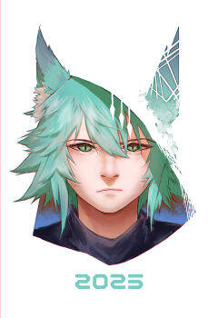 Rule 34 | 1boy, 2025, absurdres, animal ear fluff, animal ears, artist name, black shirt, closed mouth, commentary, cropped head, curxvoid, green eyes, green hair, hair between eyes, highres, looking at viewer, male focus, original, redrawn, shirt, simple background, slit pupils, solo, turtleneck, turtleneck shirt, untranslatable commentary, white background, wolf cut, wolf ears
