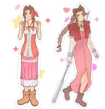 1girl aerith_gainsborough bare_arms blush_stickers boots braid braided_ponytail breasts brown_boots brown_hair buttons center_opening cheche23598 choker cleavage commentary cropped_jacket dress final_fantasy final_fantasy_vii full_body green_eyes hair_ribbon halter_dress halterneck highres holding holding_staff jacket kingdom_hearts kingdom_hearts_ii long_dress long_hair medium_breasts multiple_views official_alternate_costume open_mouth parted_bangs pink_dress pink_ribbon red_jacket ribbon ribbon_choker short_sleeves sidelocks silver_bangle single_blush_sticker single_braid sleeveless sleeveless_dress smile solo staff standing white_background