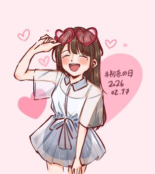 Rule 34 | 1girl, 217find!, absurdres, animification, blush, brown hair, commentary request, date pun, dated, dress, facing viewer, glasses, gyoban (1515kmbk), hanamiya nina, heart, heart-shaped eyewear, highres, long hair, mole, mole under eye, number pun, pink-framed eyewear, pink background, real life, see-through dress layer, short dress, short sleeves, sleeveless, sleeveless dress, solo, voice actor, white dress
