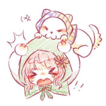 ! !! &gt;_&lt; 1girl ^^^ animal argyle_cloak argyle_clothes blunt_bangs bow bowtie cat chibi chinese_commentary cloak clothed_animal commentary_request cropped_torso ear_covers flower green_bow green_bowtie green_cloak hair_flower hair_ornament hands_on_own_head highres hood hood_up hooded_cloak infinity_nikki light_blush long_sleeves momo_(nikki) nikki_(nikki) nikki_(series) open_mouth pink_hair purple_cloak shiguangbulao277 shirt short_hair sidelocks simple_background striped_cloak striped_clothes sunflower tearing_up two-tone_cloak wavy_hair white_background white_cat white_shirt yellow_cloak yellow_flower