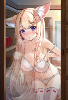 1girl :o absurdres animal_ears arms_behind_back bare_shoulders blonde_hair blush bow bow_bra bow_panties bra bra_pull breasts breath cleavage clothes_pull commentary fox_ears fox_girl fox_tail frilled_bra frills highres indoors large_breasts leaning_forward long_hair looking_at_viewer ml04_(malang22) multiple_tails original panties parted_lips purple_eyes revision ribbon-trimmed_thighhighs ribbon_trim solo strap_slip tail thighhighs thighs underwear underwear_only undressing very_long_hair white_bra white_panties white_thighhighs