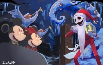 1girl 3boys animal_ears bow company_connection disney gamorangetana gloves hair_bow highres jack_skellington jacket long_sleeves male_focus mickey_mouse mickey_mouse_&amp;_friends minnie_mouse mouse_ears mouse_girl multiple_boys open_mouth santa_costume skeleton skull smile the_nightmare_before_christmas undead white_gloves zero_(nbc)