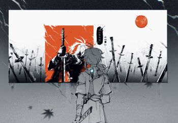 Rule 34 | 2boys, antenna hair, arm wrap, censored, censored text, chinese text, commentary, cowboy shot, dual persona, eyes in shadow, falling leaves, from behind, genshin impact, grey background, greyscale, hair between eyes, hakama, highres, holding, holding sword, holding weapon, japanese clothes, kaedehara kazuha, katana, leaf, looking at another, low ponytail, male focus, maple leaf, medium hair, mitterfly, monochrome, multicolored hair, multiple boys, multiple swords, planted, planted sword, planted weapon, ponytail, red eyes, red hair, scarf, short sleeves, speech bubble, spot color, standing, streaked hair, sun, sword, through medium, through painting, translation request, untranslatable commentary, vision (genshin impact), weapon, white hair