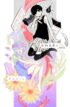 2boys antenna_hair barefoot basil_(headspace)_(omori) basil_(omori) black_eyes black_hair black_thighhighs blue_overalls blush book character_name closed_eyes colored_skin computer door double-parted_bangs flower flower_wreath green_hair green_shirt hair_between_eyes hashtag-only_commentary head_wreath highres holding holding_knife knife laptop light_bulb male_focus multiple_boys omori omori_(omori) open_mouth overall_shorts overalls photo_(object) shirt short_hair short_sleeves shorts smile striped_clothes striped_shorts sunflower t-shirt teeth thighhighs tissue tissue_box tulip upper_teeth_only vertical-striped_clothes vertical-striped_shorts watering_can white_flower white_shorts white_skin white_tulip y94096