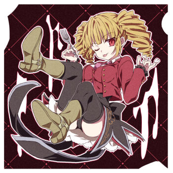 Rule 34 | 1girl, ass, beelzebub (umineko), boots, commentary, drill hair, food, fork, frills, garter straps, holding, holding fork, jacket, long hair, necktie, one eye closed, pink necktie, red eyes, red jacket, red vest, shirt, showgirl skirt, smile, solo, stakes of purgatory, symbol-only commentary, thighhighs, thighs, tongue, tongue out, umibenokurage, umineko no naku koro ni, vest, white shirt