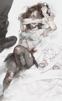 1girl 1other absurdres armpits blood blood_splatter bloodshot_eyes blue_eyes boots brown_hair bruise bruise_on_arm commentary covering_face crop_top english_commentary highres holding holding_knife injury knees_up knife looking_up lying messy_hair on_back open_mouth original pants self-harm shirt short_hair skinny spaghetti_strap stomach tomtit_bird torn_clothes torn_pants white_shirt worried zoom_layer