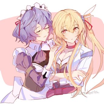 2girls alisa_reinford azitsukeniku blonde_hair brooch choker closed_eyes closed_mouth corset crossed_arms double-parted_bangs eiyuu_densetsu front_zipper hair_between_eyes hair_ornament highres jewelry long_sleeves maid maid_headdress multiple_girls neckerchief pink_background purple_hair red_choker red_eyes sen_no_kiseki sen_no_kiseki_(series) sen_no_kiseki_iii sharon_kreuger side_ponytail simple_background smile twitter_username two-tone_background two_side_up underbust white_background