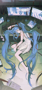 1girl absurdly_long_hair absurdres blue_hair commentary_request computer_keyboard expressionless full_body hatsune_miku headphones highres long_hair monitor multiple_monitors number_tattoo on_floor shoulder_tattoo sitting solo speaker tattoo twintails very_long_hair vocaloid yuanshu