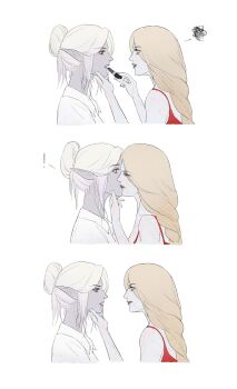 Rule 34 | !, 2girls, absurdres, alternate costume, applying lipstick, applying makeup, baldur's gate, baldur's gate 3, bare shoulders, black lips, blank eyes, blonde hair, braid, chinese commentary, closed eyes, collared shirt, colored skin, commentary request, cosmetics, cropped torso, dungeons & dragons, dungeons &amp; dragons, eyes visible through hair, face-to-face, from side, grey skin, hand on another's chin, highres, holding, holding lipstick tube, kiss, lipstick tube, long hair, looking at another, low-braided long hair, low-tied long hair, luojingdou, minthara, multiple girls, orin the red, parted lips, pointy ears, profile, red eyes, sequential, shirt, short hair, simple background, smile, squiggle, surprise kiss, surprised, upper body, white background, white hair, white shirt, yuri