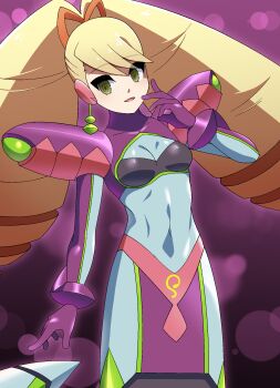 Rule 34 | 1girl, armor, bad id, bad pixiv id, blonde hair, bow, drill hair, em wave change (mega man), gloves, green eyes, hair bow, highres, lamia, long hair, luna platz (mega man), mega man (series), mega man star force (series), midriff, monster girl, navel, purple background, purple gloves, queen ophiuca (mega man), shoulder armor, twin drills, very long hair, xenoxeno