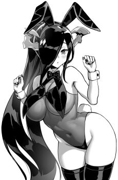 1girl animal_ears azur_lane azur_lane:_slow_ahead bow bowtie breasts collared_leotard commentary covered_navel cuff_links fake_animal_ears fingernails friedrich_der_grosse_(azur_lane) greyscale hair_over_one_eye hands_up highleg highleg_leotard highres hori_(hori_no_su) horns large_breasts leaning_forward leotard long_hair mechanical_horns monochrome nail_polish navel official_alternate_costume official_art open_mouth playboy_bunny ponytail rabbit_ears rabbit_tail simple_background solo tail thighhighs very_long_hair white_background wrist_cuffs