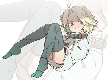 1girl 2026 :3 ahoge android ass bad_tag bottomless coat eight_(pragmata) feet female female_focus full_body gloves highres legs loli looking_at_viewer machine medium_hair orenjipiiru platinum_blonde_hair pragmata robot smug solo thighhighs thighs
