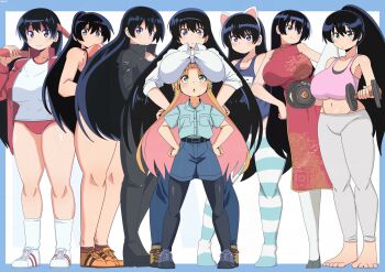 Rule 34 | 6+girls, absurdres, animal ears, arato nagi, bambi2000line, bandana, bare shoulders, barefoot, black hair, black pantyhose, blonde hair, blue border, blue eyes, blue one-piece swimsuit, blue pants, blue shirt, blue shorts, border, breast rest, breasts, breasts on head, brown shoes, buruma, cat ears, china dress, chinese clothes, closed mouth, commentary request, dress, dumbbell, earrings, fake animal ears, green eyes, grey pants, gym uniform, highres, holding, holding dumbbell, jacket, jewelry, large breasts, leather suit, long hair, multiple girls, navel, one-piece swimsuit, open mouth, orange hair, pants, pantyhose, pantyhose under shorts, pink sports bra, red bandana, red buruma, red dress, red jacket, ruri no houseki, school swimsuit, shirt, shoes, short sleeves, shorts, size difference, sleeves rolled up, smile, sneakers, socks, sports bra, standing, standing on one leg, striped clothes, striped thighhighs, stud earrings, swimsuit, tanigawa ruri, thighhighs, very long hair, white background, white shirt, white shoes, white socks, white thighhighs, yoga pants