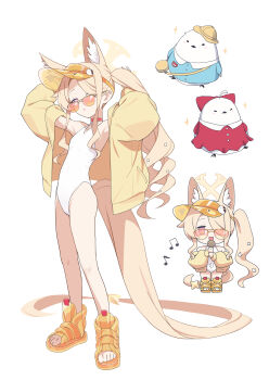 1girl above-cleavage_cutout absurdres animal animal_ear_fluff animal_ears bag bare_shoulders beamed_eighth_notes bird blonde_hair blue_archive boots chibi chibi_inset clothed_animal clothing_cutout diamond_cutout dress eighth_note feet flat_chest fox_ears fox_girl fox_tail full_body halo hat highleg highleg_one-piece_swimsuit highres holding holding_microphone jacket kindergarten_uniform laika_(sputnik2nd) long_hair long_sleeves looking_at_viewer microphone music musical_note off_shoulder official_alternate_costume official_alternate_hairstyle one-piece_swimsuit open-toe_boots open_clothes open_jacket open_mouth orange-tinted_eyewear parted_lips pink_eyes puffy_long_sleeves puffy_sleeves red_dress school_hat seia_(blue_archive) seia_(swimsuit)_(blue_archive) side_ponytail simple_background singing standing sunglasses swimsuit tail tinted_eyewear toes very_long_hair visor_cap white_background white_one-piece_swimsuit yellow_boots yellow_halo yellow_hat yellow_jacket