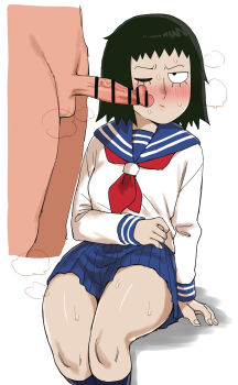 1boy 1girl ax_g90 black_hair blush clothed_female_nude_male eyelashes highres kurata_tome medium_hair mob_face mob_psycho_100 nude one_eye_closed penis pleated_skirt school_uniform serafuku simple_background skirt white_background