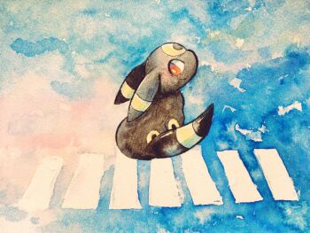 Rule 34 | animal focus, blue background, bright pupils, crosswalk, full body, gen 2 pokemon, nintendo, no humans, non (kumakawayusu), orange eyes, outdoors, painting (medium), pokemon, pokemon (creature), sitting, solo, traditional media, umbreon, watercolor (medium), white pupils