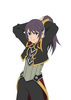Rule 34 | 1boy, arms behind head, artist request, black coat, black eyes, black hair, black pants, closed mouth, coat, cowboy shot, game cg, grey shirt, long hair, looking at viewer, male focus, official alternate costume, official alternate hairstyle, official art, pants, ponytail, shirt, simple background, smile, solo, standing, surcoat, tales of (series), tales of asteria, tales of vesperia, third-party source, transparent background, tying hair, waist cape, yellow trim, yuri lowell, yuri lowell (true knight)