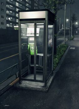 Rule 34 | 1girl, absurdres, black eyes, black hair, black sailor collar, black serafuku, building, city, cityscape, commentary request, corded phone, fracoco, highres, horror (theme), looking at viewer, night, original, phone, phone booth, plant, sailor collar, school uniform, serafuku, skyscraper, solo, tree