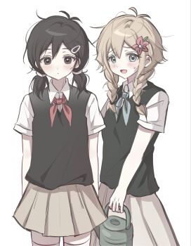 2girls antenna_hair basil_(faraway)_(omori) basil_(omori) black_eyes black_hair black_sweater_vest blonde_hair blue_eyes blue_neckerchief blush brown_skirt closed_mouth collared_shirt double-parted_bangs flower genderswap genderswap_(mtf) green_sweater_vest hair_between_eyes hair_flower hair_ornament hairclip highres holding holding_watering_can long_skirt looking_at_viewer low_twintails medium_hair multiple_girls neckerchief omori open_mouth red_neckerchief shirt short_hair short_sleeves short_twintails simple_background skirt smile sunny_(omori) sweatdrop sweater_vest thighhighs twintails watering_can white_background white_shirt white_thighhighs wktdms1