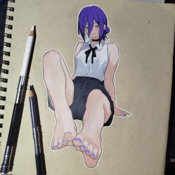 1girl ashwin_artss bare_legs bare_shoulders barefoot black_bow black_bowtie black_choker black_shorts blush bow bowtie chainsaw_man choker closed_mouth collared_shirt commentary feet folded_ponytail foot_focus full_body green_eyes hair_between_eyes highres knee_up legs looking_at_viewer medium_hair nail_polish outline photo_(medium) purple_hair purple_nails reze_(chainsaw_man) shirt short_shorts shorts sitting sleeveless sleeveless_shirt smile solo toenail_polish toenails toes traditional_media white_outline white_shirt