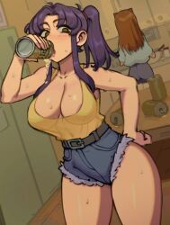 Rule 34 | 2girls, alcohol, areola slip, arm up, bare arms, bare shoulders, beer, belt, blue shorts, blush, bojinko, breasts, brown hair, can, cleavage, collarbone, cowboy shot, denim, denim shorts, drink, female focus, grey belt, hand on own hip, holding, holding can, katsuragi misato, large breasts, lips, long hair, looking at viewer, multiple girls, neon genesis evangelion, ponytail, purple hair, shirt, short shorts, shorts, solo focus, souryuu asuka langley, standing, thighs, yellow eyes, yellow shirt