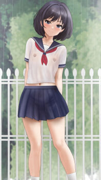 1girl absurdres black_hair blue_eyes blue_skirt blush female_focus flat_chest highres looking_at_viewer navel nipple_piercing nipple_rings nipples no_bra original outdoors piercing rain school_uniform see-through_clothes see-through_shirt shirt short_hair skirt smile socks solo wet wet_clothes wet_shirt white_socks