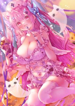 1girl :3 ahoge animal_ears bikini blue_bow blurry blurry_background blush bow breasts cat_earrings cat_ears cat_girl choker cleavage collarbone cross cross_hair_ornament cross_print cup earrings extra_ears fingernails food frilled_one-piece_swimsuit frills ghost hair_bow hair_ornament hairclip halloween hat heart heart_hair_ornament highres holding holding_cup holding_spoon indie_virtual_youtuber jewelry large_breasts long_hair looking_at_viewer maid_headdress moo_(umineko) nail_polish navel nurse_cap one-piece_swimsuit open_mouth parfait pink_choker pink_eyes pink_hair pink_hat pink_nails pink_one-piece_swimsuit pink_scrunchie pink_wings purple_ribbon ribbon scrunchie signature sitting smile spoon stomach swimsuit thighhighs thighs two_side_up virtual_youtuber wariza white_choker white_thighhighs wing_hair_ornament wing_print wings wrist_scrunchie yuuki_sakuna