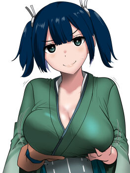 1girl blue_eyes blue_hair blush breasts cleavage gloves grabbing_own_breast green_hakama green_kimono hair_ribbon hakama hakama_skirt highres hyudora japanese_clothes kantai_collection kimono large_breasts looking_at_viewer meme next_time_you&#039;re_getting_this_(meme) partially_fingerless_gloves partly_fingerless_gloves ribbon short_hair skirt smile souryuu_(kancolle) twintails white_background yugake