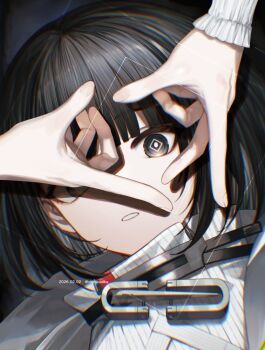 1girl 1other arknights arknights:_endfield black_eyes black_hair blunt_bangs chinikuniku chromatic_aberration close-up commentary dated diamond-shaped_pupils diamond_(shape) diamond_in_eye endministrator_(arknights) eye_focus female_endministrator_(arknights) grey_sweater hashtag-only_commentary heart_hands_over_eye long_sleeves looking_at_viewer no_mask parted_lips purple_pupils ribbed_sweater safety_pin shirt short_hair solo sweater symbol-shaped_pupils twitter_username upper_body white_shirt white_sweater
