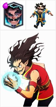 1boy bare_shoulders clash_royale clenched_teeth electro_wizard electro_wizard_(clash_royale) facial_hair facing_viewer highres looking_at_viewer magic mustache pointy_ears red_shirt shirt simple_background sleeveless sleeveless_shirt tagme teeth white_background wristband