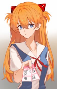 1girl absurdres blue_eyes blue_skirt blurry_edges breasts grey_background highres holding holding_ticket interface_headset_(evangelion) jiabingkele light_smile long_hair neon_genesis_evangelion orange_hair red_ribbon ribbon school_uniform skirt souryuu_asuka_langley suspender_skirt suspenders ticket tokyo-3_middle_school_uniform