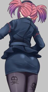 1girl ass beret commentary duel_monster formal_clothes from_behind grey_hair hat highres pantyhose pencil_skirt red_hair short_twintails simple_background skirt skull_and_crossbones solo symbol-only_commentary tour_guide_from_the_underworld twintails wadatsumi_(sense11531153) yu-gi-oh!