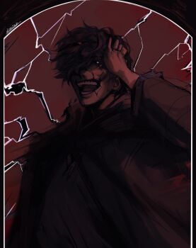 1boy black_hair black_robe black_sclera bright_pupils colored_sclera crack cracked_glass cracked_skin evil_grin evil_smile glowing glowing_eyes grin hair_over_one_eye hand_on_own_head hand_up highres horror_(theme) logicsterrr looking_at_viewer male_focus official_alternate_costume open_mouth robe shadow_slave short_hair smile solo spoilers sunny_(shadow_slave) white_pupils