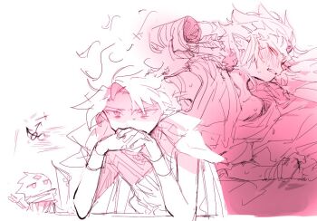 2boys :| bad_id bad_twitter_id bishounen blush bow_(weapon) closed_mouth commentary cookie_run fiery_hair fire_spirit_cookie forehead_jewel humanization implied_sex inactive_account jitome monochrome multiple_boys nana_(ebitokanimiso) on_bed painttool_sai_(medium) red_theme robe short_hair sidelocks simple_background sketch symbol-only_commentary weapon white_background wind_archer_cookie yaoi