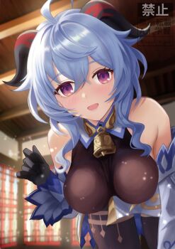 1girl ahoge bare_shoulders bell bent_over black_gloves blue_hair bodystocking breasts commentary_request cowbell detached_sleeves ganyu_(genshin_impact) genshin_impact gloves goat_horns hair_between_eyes hand_up highres horns indoors kazuki_(kazuki_01) light_blush long_hair looking_at_viewer making-of_available medium_breasts neck_bell open_mouth purple_eyes solo watermark white_sleeves