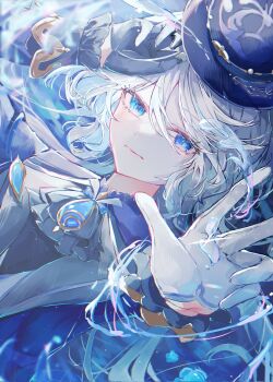 1girl ascot asymmetrical_gloves blue_ascot blue_eyes blue_gemstone blue_hair blue_hat blue_jacket drop-shaped_pupils furina_(genshin_impact) fuyu_gn gem genshin_impact gloves hair_between_eyes hat heterochromia highres jacket looking_at_viewer mismatched_gloves mismatched_pupils multicolored_hair solo streaked_hair symbol-shaped_pupils top_hat