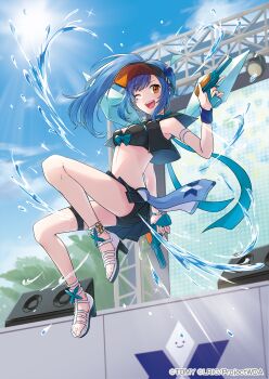 1girl arm_strap bikini black_bikini black_jacket black_sandals black_shorts blue_hair blue_sky breasts cloud copyright_notice cropped_jacket high_heels highres holding holding_water_gun jacket looking_at_viewer medium_hair official_art one_eye_closed outdoors peron_(niki2ki884) piruluk red_eyes sandals shorts sky small_breasts smile solo sun swimsuit teeth thigh_strap upper_teeth_only visor_cap water_gun wixoss