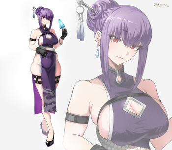 1girl absurdres black_gloves breasts china_dress chinese_clothes cleavage cleavage_cutout clothing_cutout covered_navel dress earrings fate/grand_order fate_(series) food full_body gloves hair_between_eyes hair_bun hair_ornament hair_stick high_heels highres jewelry large_breasts long_hair looking_at_viewer pelvic_curtain popsicle purple_dress purple_hair red_eyes scathach_(fate) scathach_skadi_(fate) shibao_aoyama sideboob sideless_outfit sidelocks smile tassel thighhighs zoom_layer