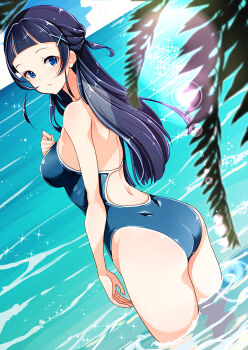 1girl aokaze_nana ass backless_swimsuit blue_eyes blue_hair blue_one-piece_swimsuit blue_sky blunt_bangs breasts cloud cloudy_sky commentary_request day dutch_angle from_behind hair_ornament hamuhamu kimi_to_idol_precure looking_at_viewer looking_back medium_breasts ocean one-piece_swimsuit open_mouth outdoors palm_tree partial_commentary precure school_swimsuit sky solo standing swimsuit tree wading x_hair_ornament