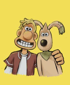 2boys animal_ears digimon digimon_(creature) digimon_adventure_02 digimon_adventure_02:_digimon_hurricane_jouriku!!_chouzetsu_shinka!!_ougon_no_digimental fusion grin gromit highres mas_square multiple_boys name_connection pun simple_background smile terriermon wallace_(digimon) wallace_(wallace_&amp;_gromit) wallace_&amp;_gromit what yellow_background