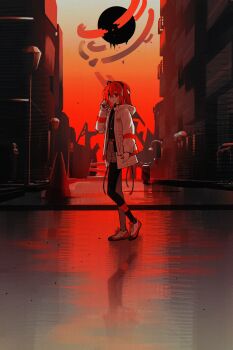 1girl a.i._voice absurdres adachi_rei backlighting belt black_pantyhose black_shirt cassette_player closed_mouth commentary double-parted_bangs drawstring full_body gloves gradient_sky grey_shorts haebu hair_ornament hair_ribbon hairpin highres holding holding_cassette hood hood_down hooded_jacket jacket medium_hair netsu_ijou_(utau) one_side_up open_clothes open_jacket orange_belt orange_eyes orange_hair orange_theme outdoors pantyhose radio_antenna reflection ribbon shirt shoes shorts sky sneakers utau white_gloves white_jacket white_ribbon white_shoes