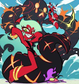 2girls black_one-piece_swimsuit blue_hair commentary_request demon_girl demon_horns fastener_(psg) green_hair highres horns kneesocks_(psg) koei18 long_hair looking_at_viewer multiple_girls octopus one-piece_swimsuit panty_&amp;_stocking_with_garterbelt scanty_(psg) swimsuit tentacles