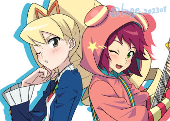 2girls ;d ;o big_hair blonde_hair blue_dress blush bow brown_eyes commentary_request dress drill_hair green_eyes guitar hair_bow highres holding holding_guitar holding_instrument hood hood_up hoodie instrument kage_202301 long_hair long_sleeves looking_at_viewer luna_platz_(mega_man) mega_man_(series) mega_man_star_force_(series) multiple_girls one_eye_closed open_mouth orange_bow pink_hood pink_hoodie red_hair short_hair smile sonia_strumm_(mega_man) twin_drills twintails twitter_username upper_body very_long_hair white_background