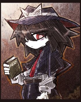 1girl belt black_capelet black_hat black_skirt book bow brown_belt brown_hair capelet hair_between_eyes hat hat_bow holding holding_book long_sleeves looking_at_viewer necktie shirt short_hair skirt sleeve_cuffs solo suenari_(peace) touhou usami_renko white_shirt