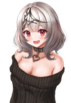 1girl :d absurdres aran_sweater armpit_crease bare_shoulders black_collar black_streaks black_sweater blush braid breasts cable_knit cleavage collar collarbone fang grey_hair hair_ornament heart_collar highres hololive large_breasts looking_at_viewer multicolored_hair off-shoulder_sweater off_shoulder open_mouth red_eyes ribbed_sweater sakamata_chloe short_hair smile solo streaked_hair sweater transparent_background two-tone_hair upper_body urushinuri virtual_youtuber x_hair_ornament