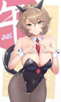 1girl 2026 animal_ears between_breasts black_leotard black_pantyhose blush breasts brown_hair chinese_zodiac commentary_request fake_animal_ears highres horse_ears horse_tail kantai_collection large_breasts leotard looking_at_viewer mesera mutsu_(kancolle) necktie necktie_between_breasts nontraditional_playboy_bunny pantyhose red_necktie short_hair solo tail white_background year_of_the_horse yellow_background
