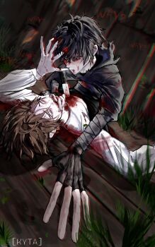 Rule 34 | 2boys, bad anatomy, bad hands, bandaged arm, bandages, black gloves, black hair, bleeding, blood, blood from mouth, blood on clothes, blood on face, blood splatter, blue eyes, boy on top, brown eyes, character request, check character, chromatic aberration, cloak, covering another's mouth, crying, crying with eyes open, english text, fingerless gloves, from above, fur-trimmed hood, fur trim, gloves, hand up, highres, hood, hood down, hooded cloak, impaled, kai (shadow slave), knife, kyta 5, looking at another, male focus, multiple boys, murder, on ground, pov, shadow slave, short hair, stab, sunny (shadow slave), tears