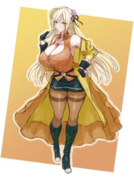 1girl absurdres akira_blanton assault_lily bare_shoulders belt black_belt black_boots black_gloves black_ribbon black_skirt blush boots border breasts brown_pantyhose button_gap buttons cleavage coat collarbone collared_shirt commentary_request finger_to_cheek fingerless_gloves flower frilled_sleeves frills full_body gloves gradient_background green_eyes green_flower hair_between_eyes hair_flower hair_ornament hair_ribbon hand_on_own_cheek hand_on_own_face highres huge_breasts jewelry knee_boots lace-up_boots long_hair looking_at_viewer mabuta_kayumi miniskirt multiple_belts necklace o-ring o-ring_belt off_shoulder open_clothes open_coat orange_background orange_shirt outside_border pantyhose parted_lips pencil_skirt pendant purple_flower ribbon shirt sketch skirt sleeveless sleeveless_shirt solo standing thighband_pantyhose very_long_hair waist_cape white_border yellow_coat
